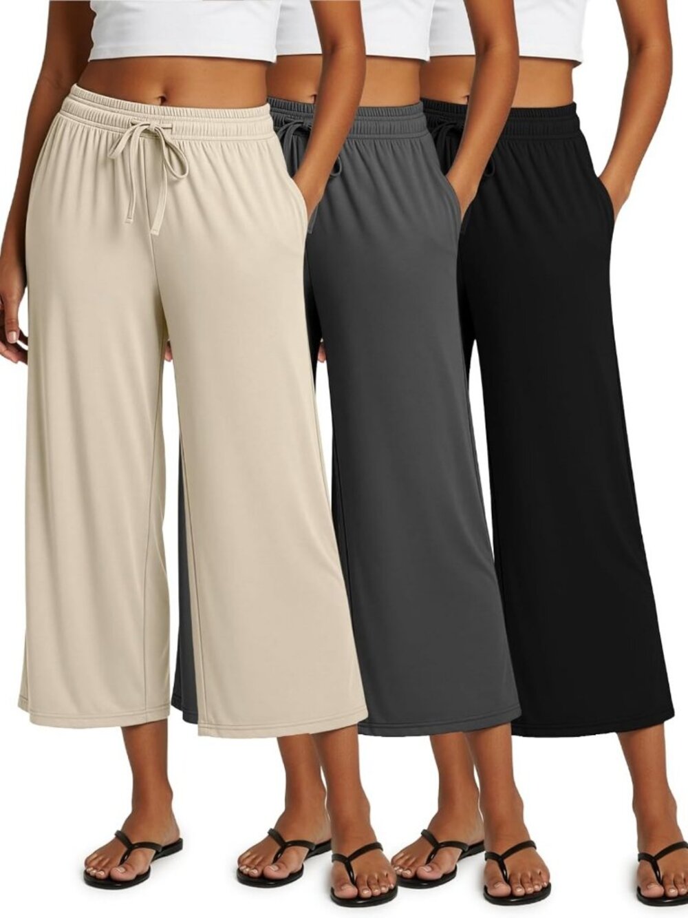 3 Pack Women's High Waist Gaucho Capri Pants - Loose Fit, Wide Leg, Pockets